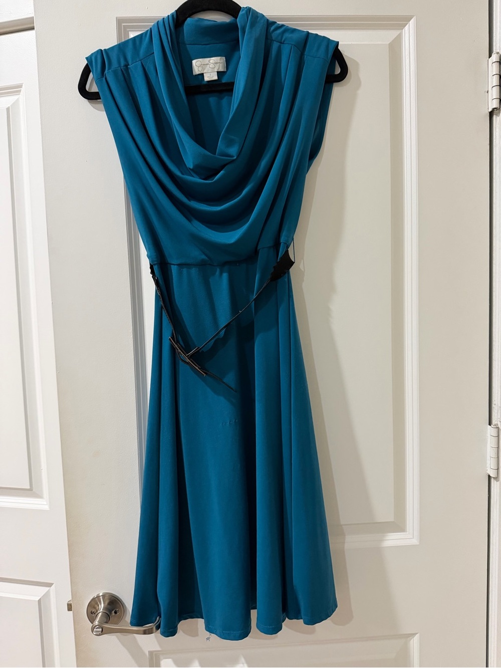 Jessica Simpson Teal Blue Cowl Neck Belted Fit & Flare Dress Size 2